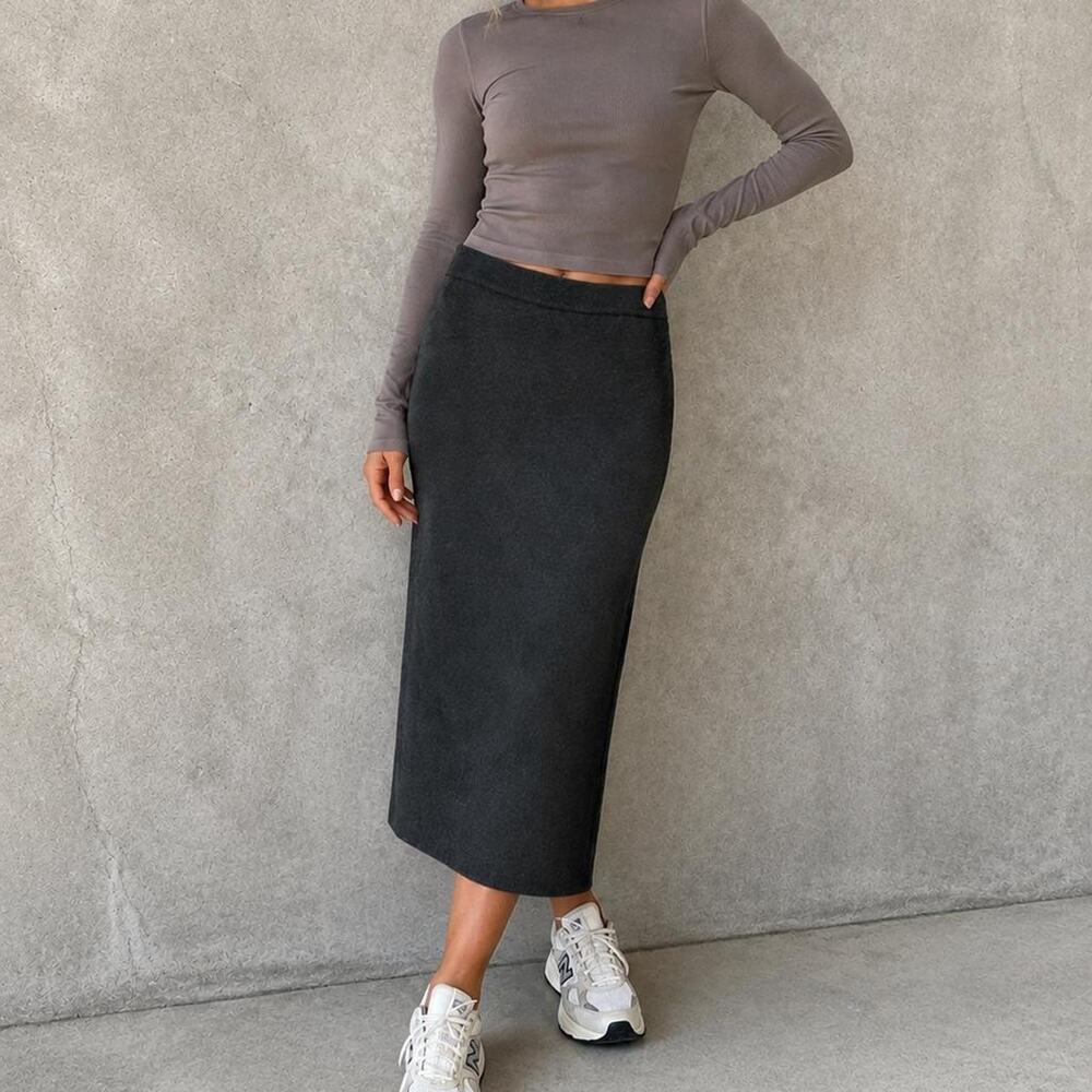 Eileen Fisher 100% Wool Charcoal Gray Knit Midi Skirt Minimalist Size M
